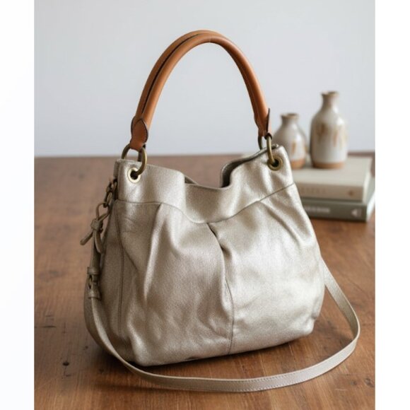 J. Crew Shoulder Bag Vintage Silver Metallic Leather Crossbody Detachable Strap - Picture 1 of 7